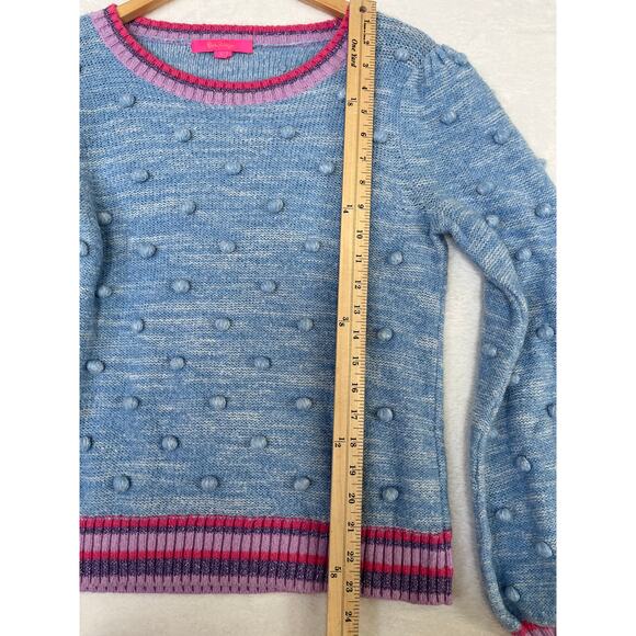 Lilly Pulitzer Verna Blue Peri Marl Metallic Pom Pom Preppy sz L Bell Sleeve - Picture 5 of 7